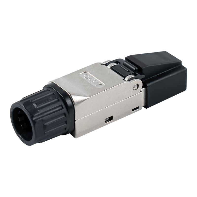 Cat7 차폐형 툴리스 RJ45 커넥터(머리 부분에 플라스틱 캡이 있고 꼬리 부분에 플라스틱 너트 포함) RJ-G50S-2-C7