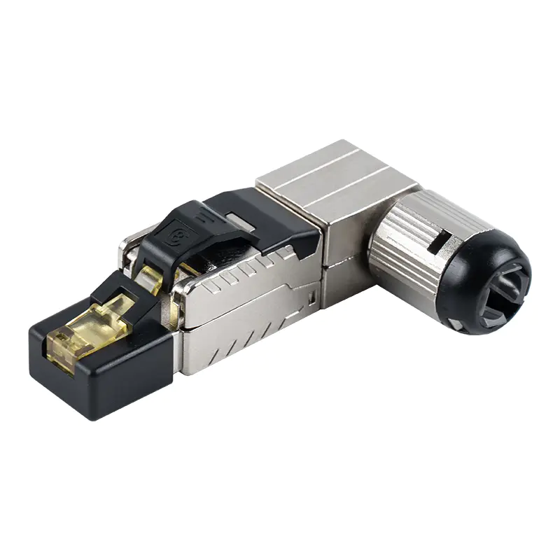 Cat7 차폐형 툴리스 RJ45 커넥터(끝에서 90도 각도) RJ-G90S-1-C7